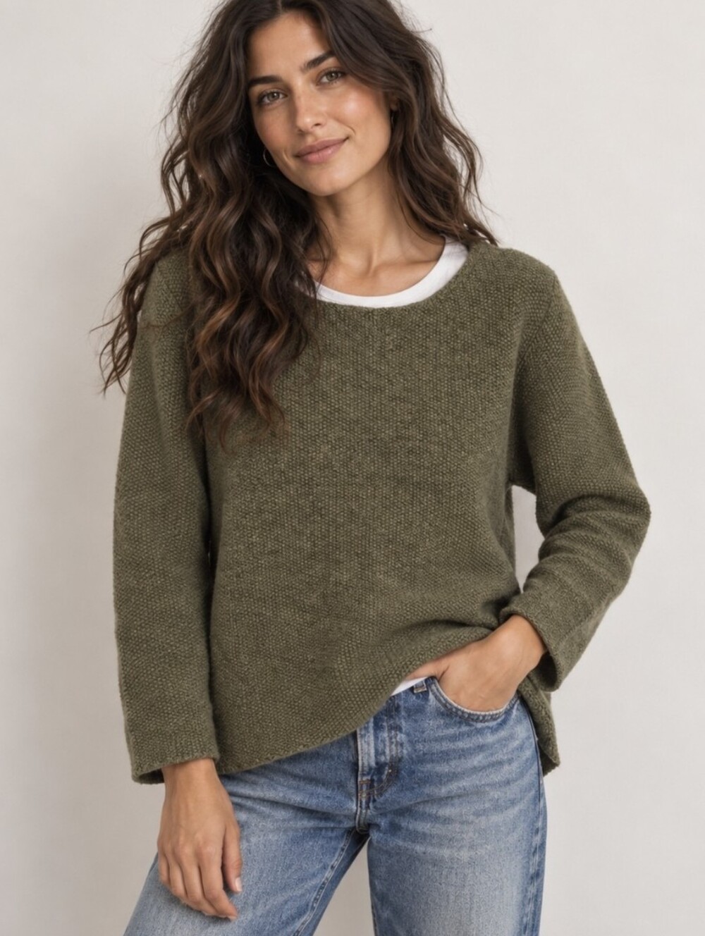 Woolovers 100% Wool Sweater Jumper Olive Green Waffle Knit Women's Size M